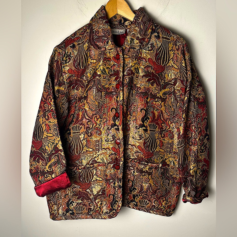 JAQULINE Design Studio 90s Vintage Women’s Boho Red & Gold Tapestry Jacket Sz 10
